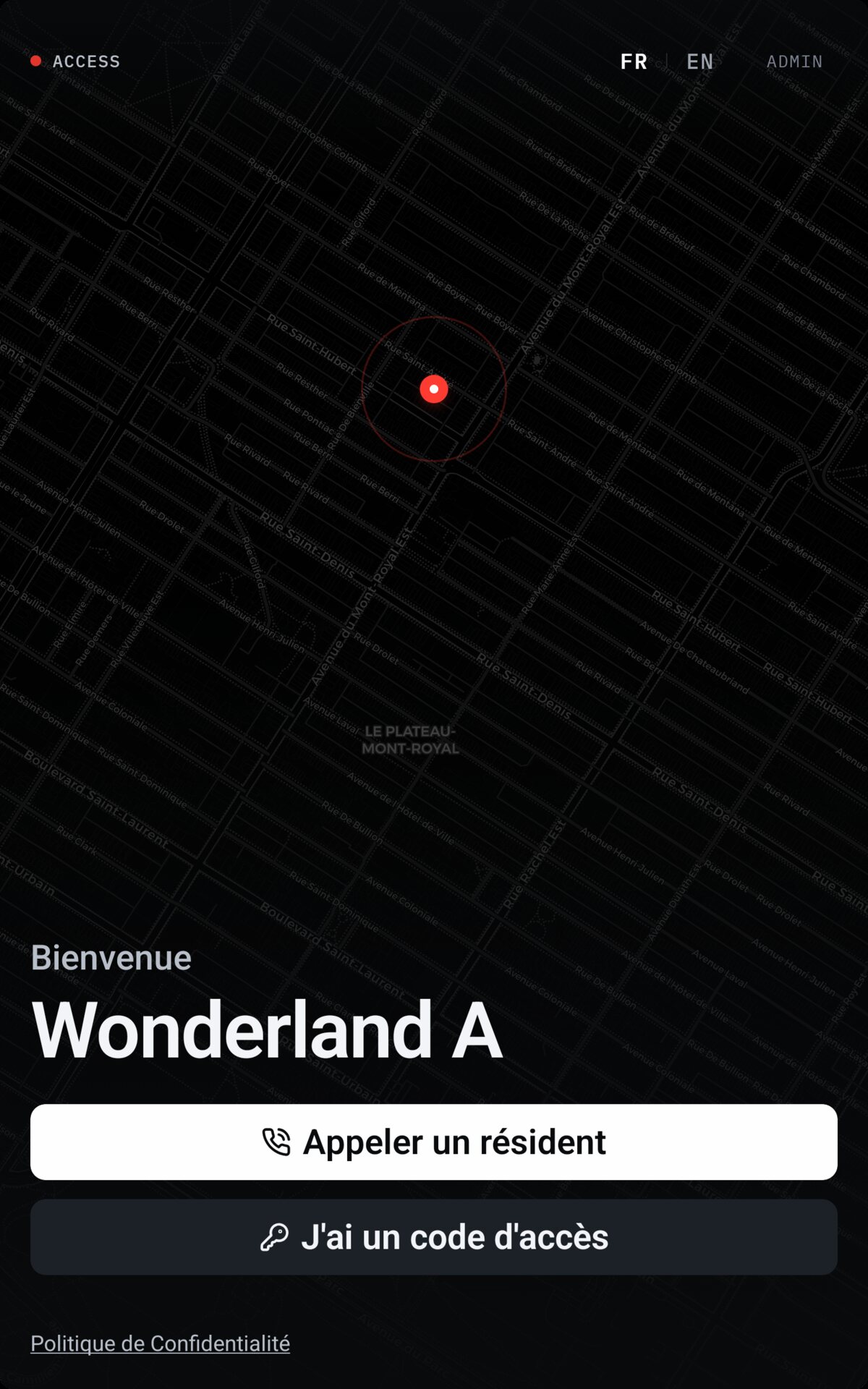 Écran d’accueil de la borne Accès : plan du quartier, nom de l’immeuble, « Appeler un résident » et « J’ai un code d’accès », bascule français-anglais.